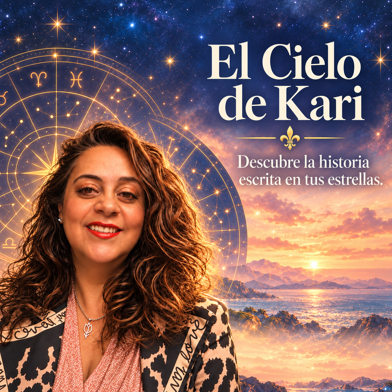 Karina Pérez junto a una rueda astrológica dorada y un atardecer rosa sobre el mar, con El Cielo de Kari y su slogan en español